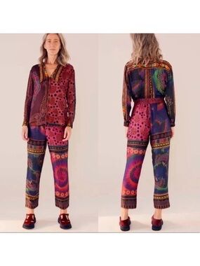 Farm Rio Noir Floral Patchwork Scarf print drawstring pull on Pants S Boho Luxe